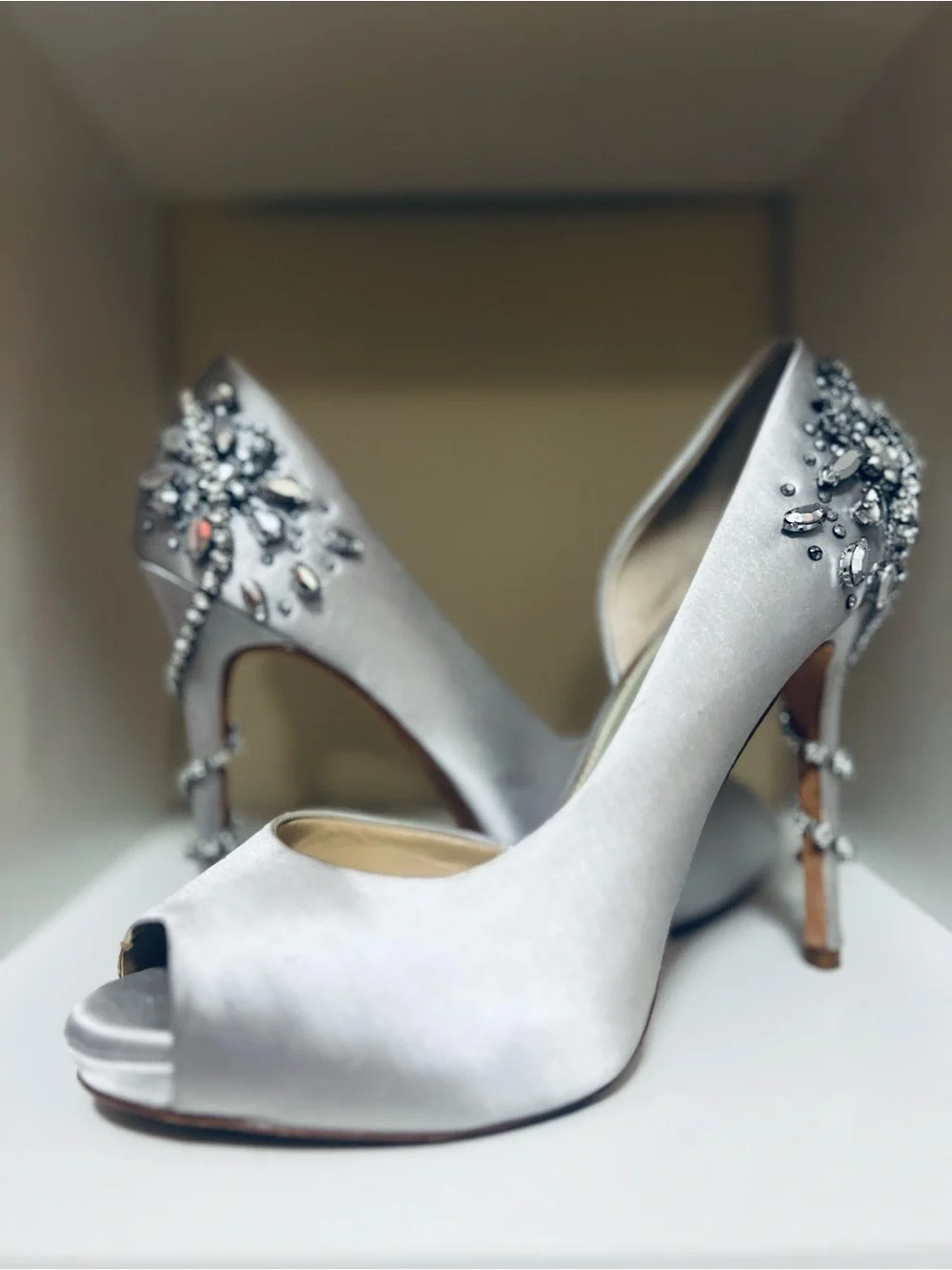 ANTONIO MELANI Silver Satin Peep-Toe Heels with Crystal Detail